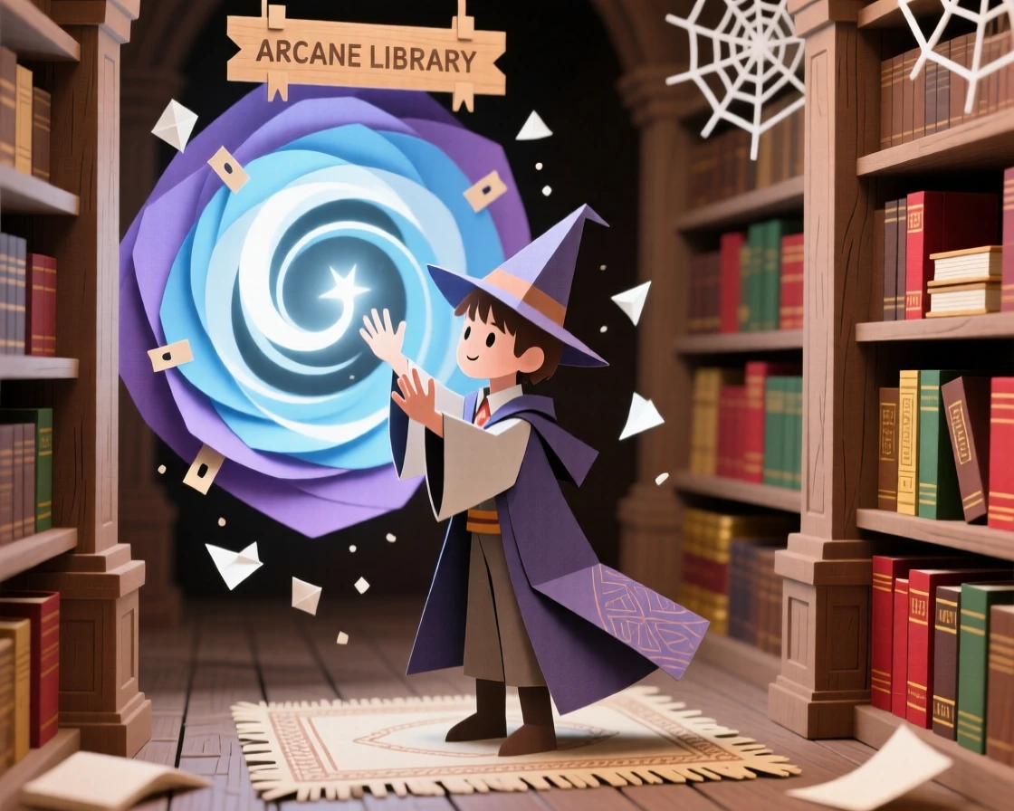 A young mage summoning a swirling portal of light in an ancient library filled with towering bookshelves, dust motes floating in the beam, capturing mystery and discovery.