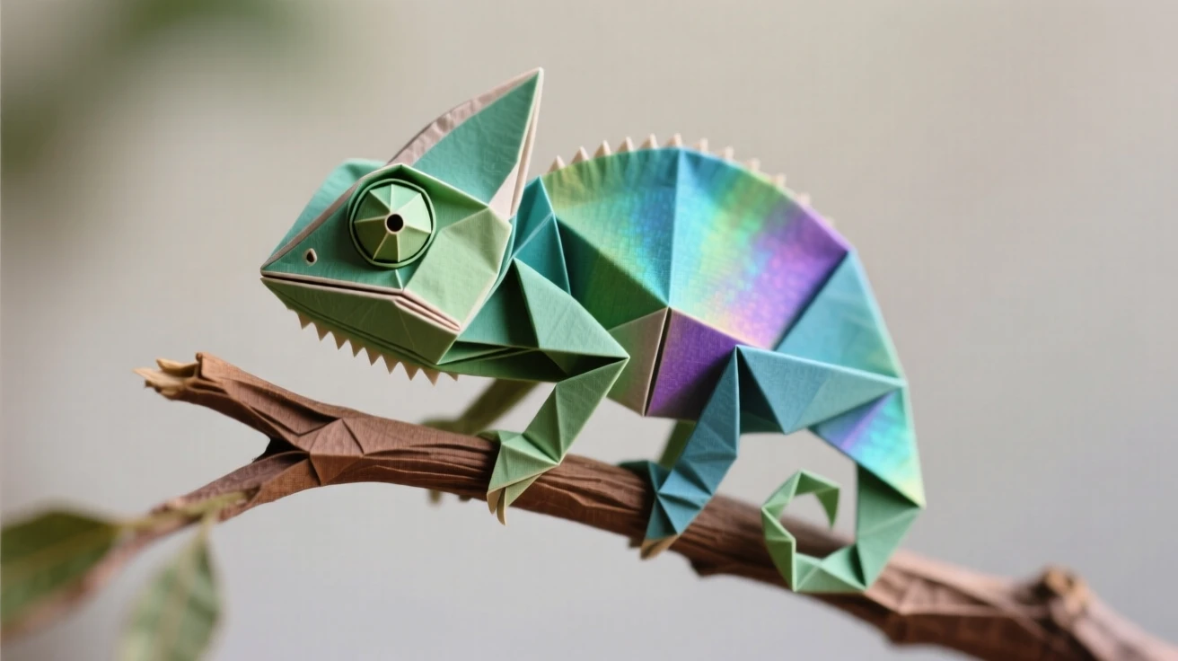 A tiny chameleon perched on a twig, one eye swiveled toward the viewer, vivid color shifting across its skin.