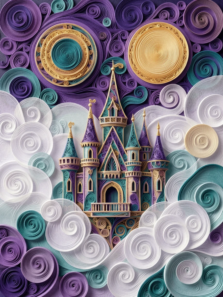 a magical castle floating among the clouds, beneath a sky filled with two glowing moons, composed with soft ethereal mist drifting through the scene, in a glowing palette of violet, teal, and gold.