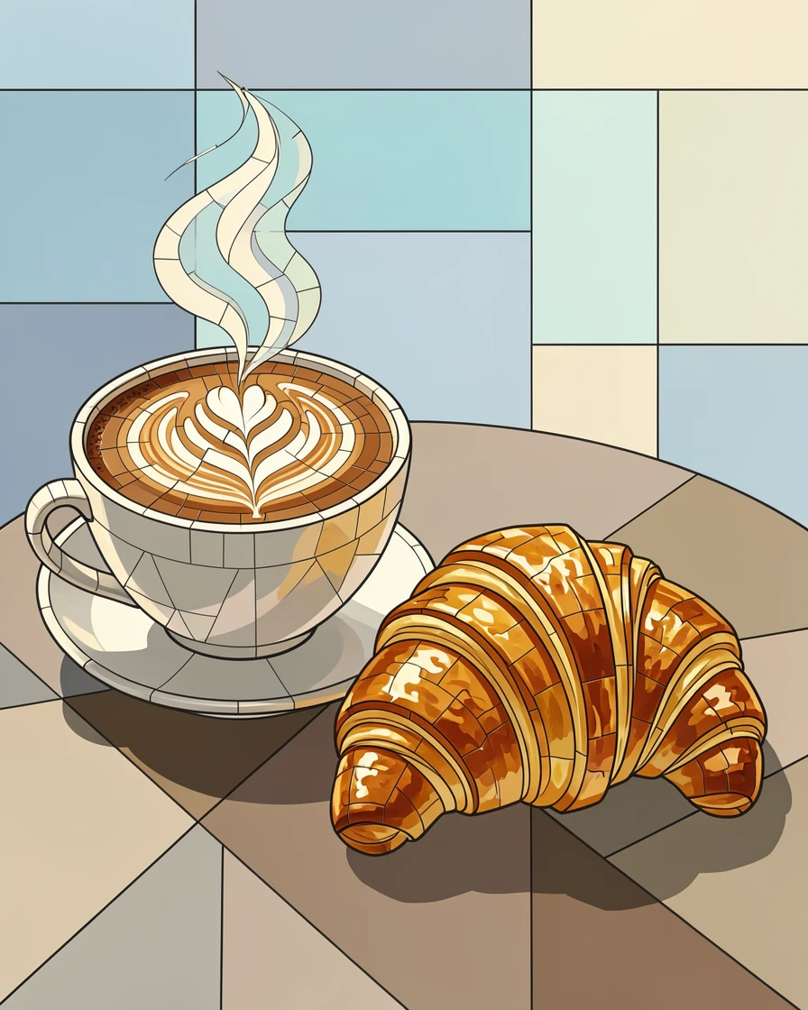 A close-up gourmet food photograph of a cup of latte art coffee beside a fresh croissant on a cafe table, with rich color and inviting texture.