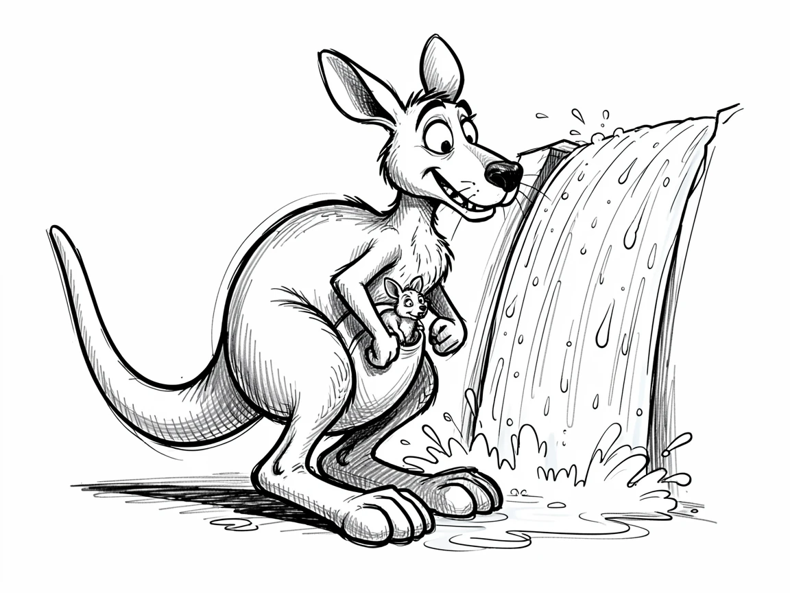 A kangaroo with a joey in its pouch near a sparkling waterfall.