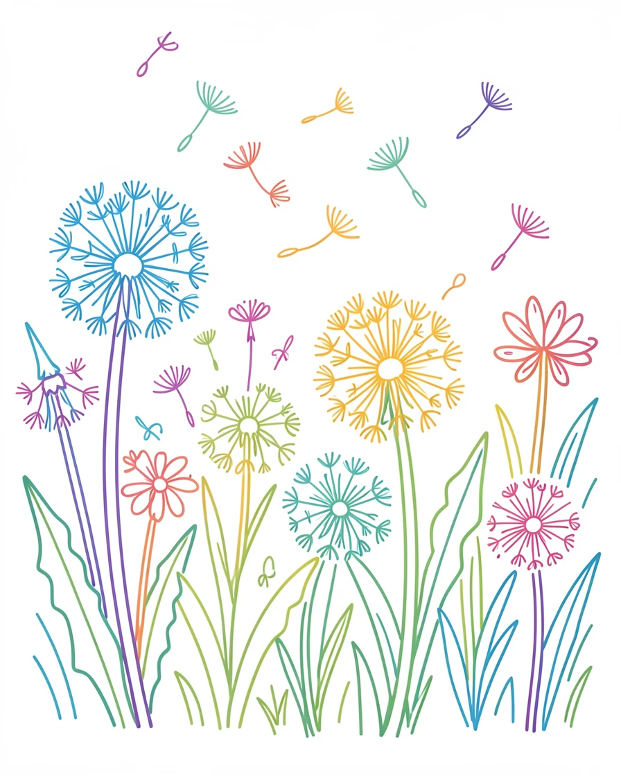 A meadow full of dandelions with seeds drifting on a gentle breeze.