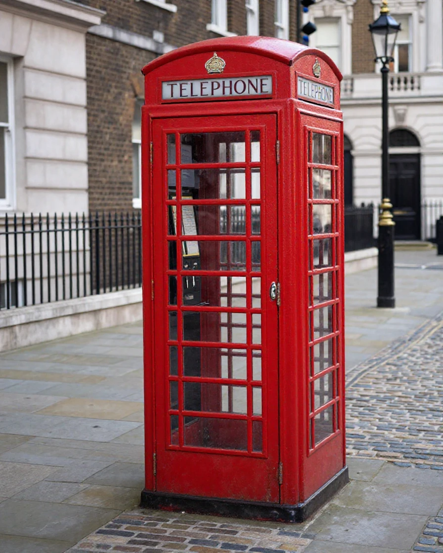 A red phone booth on a cobblestone London street