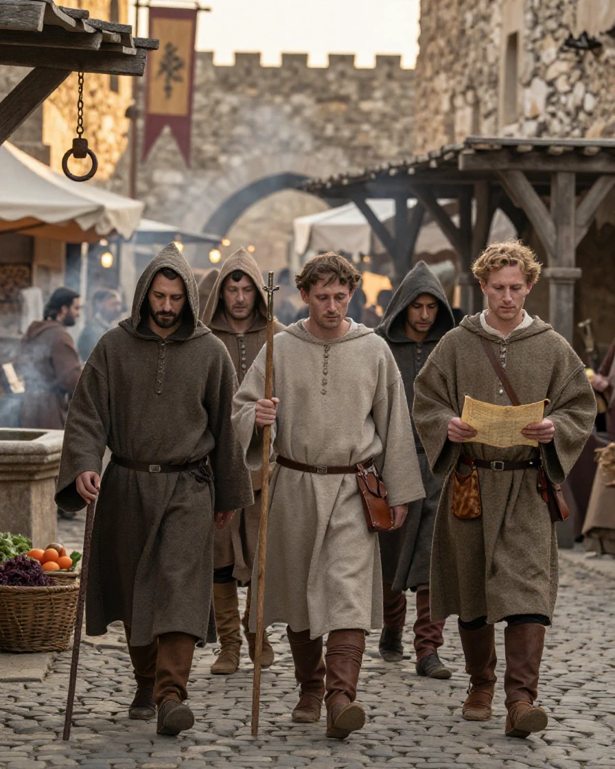 A group of medieval pilgrims making their way through an old stone marketplace