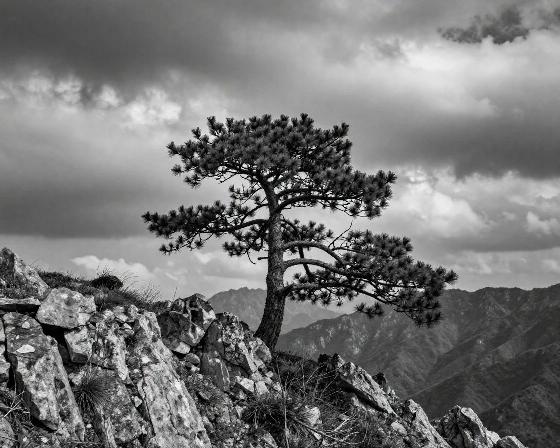 A lone pine tree stands atop a windswept ridge against a stormy mountain sky.