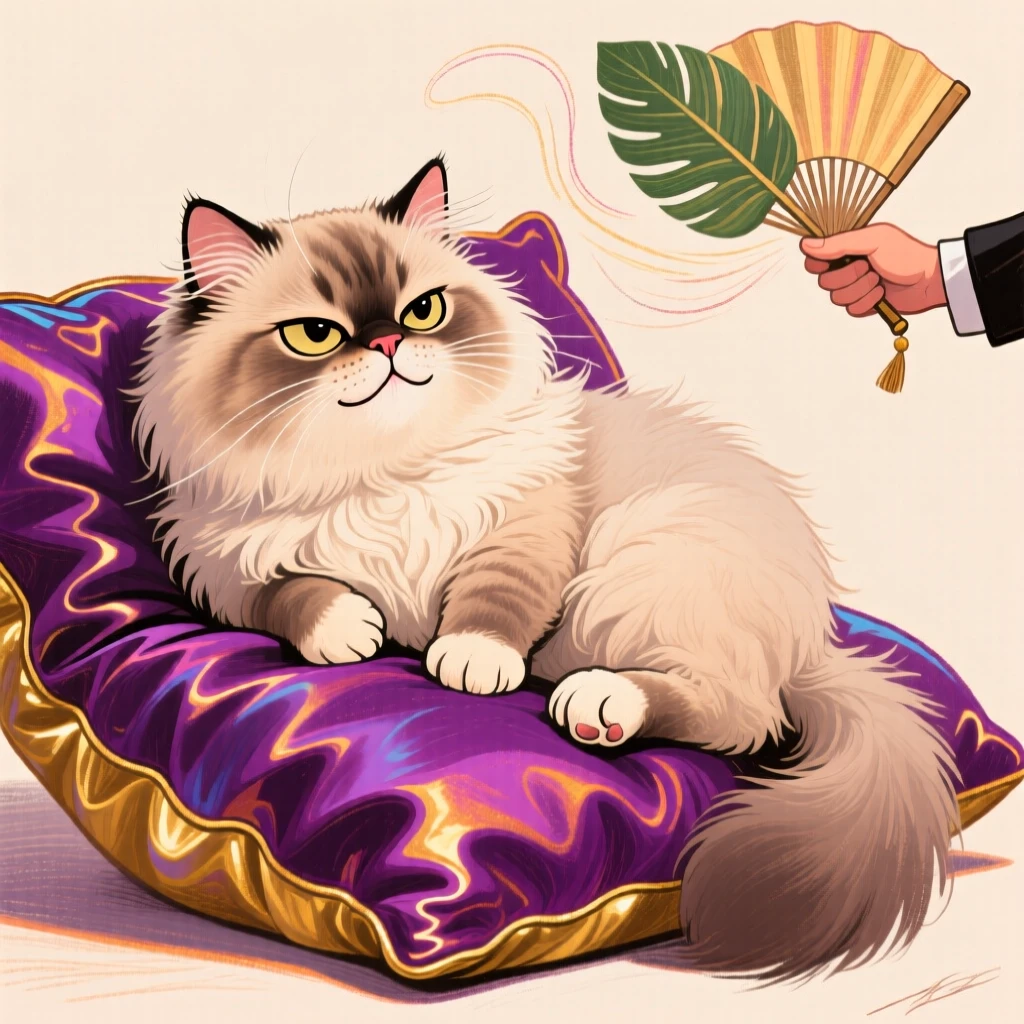 A pampered Persian cat lounging on a silk pillow, being fanned by a tiny palm leaf.