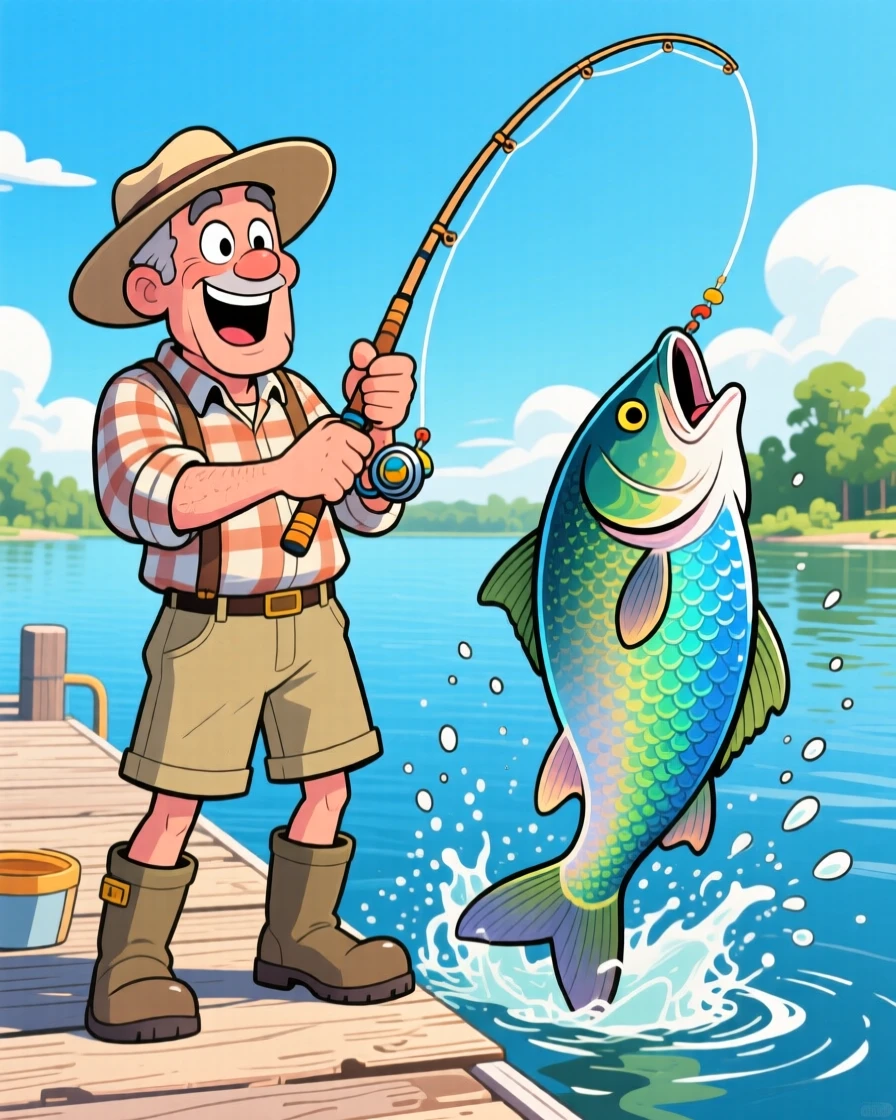 An everyday-life snapshot of a weekend fisherman reeling in a surprisingly large catch, rod bent dramatically.
