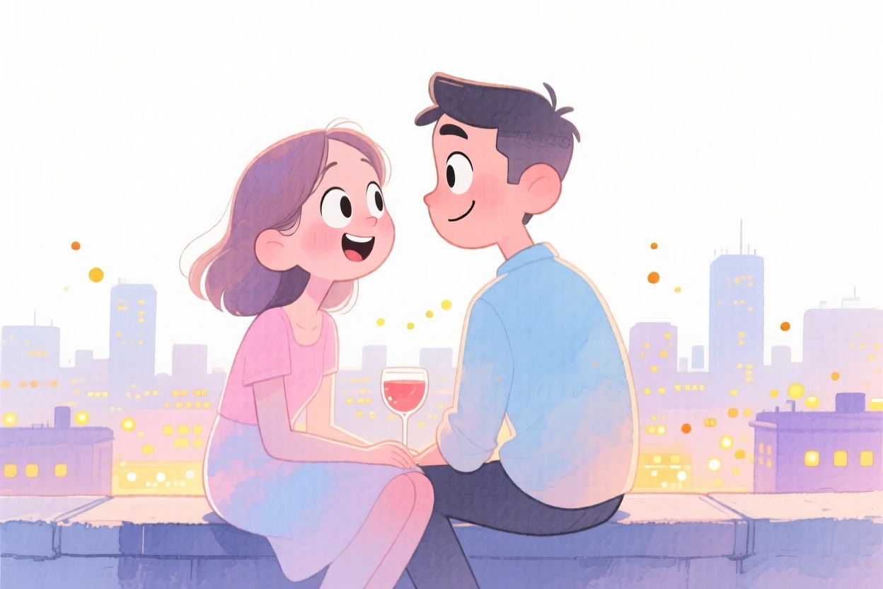 A couple on their first date sitting on a rooftop watching city lights twinkle