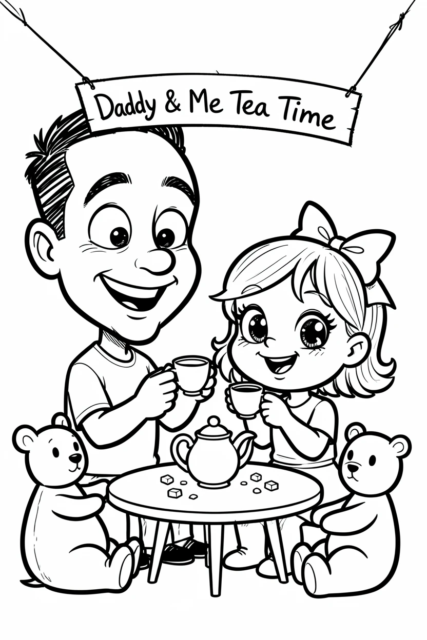 [Family & Relationship Moments] Heartwarming scene of a dad and daughter having a tea party with tiny cups and stuffed animals, radiating love and warmth