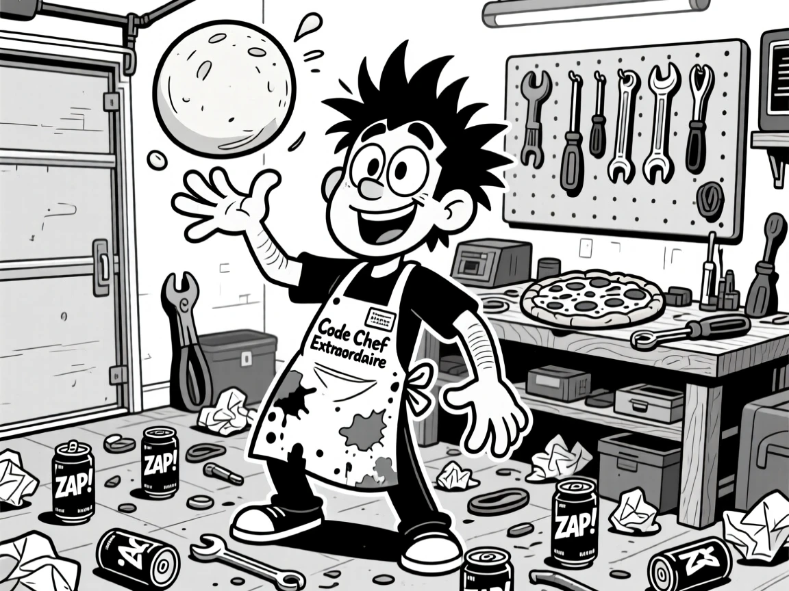 A tech-savvy programmer surrounded by energy drink cans, tossing a pizza dough high into the air, set in a garage full of scattered tools. A name tag hangs crookedly from a stained apron. There's pride and humor woven into the moment.