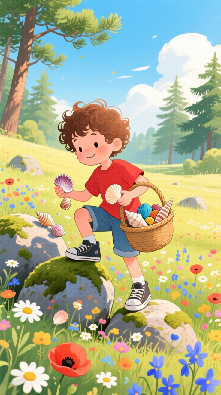 In a wildflower meadow, a boy collecting seashells is climbing over mossy boulders, with the scent of pine drifting on the wind.