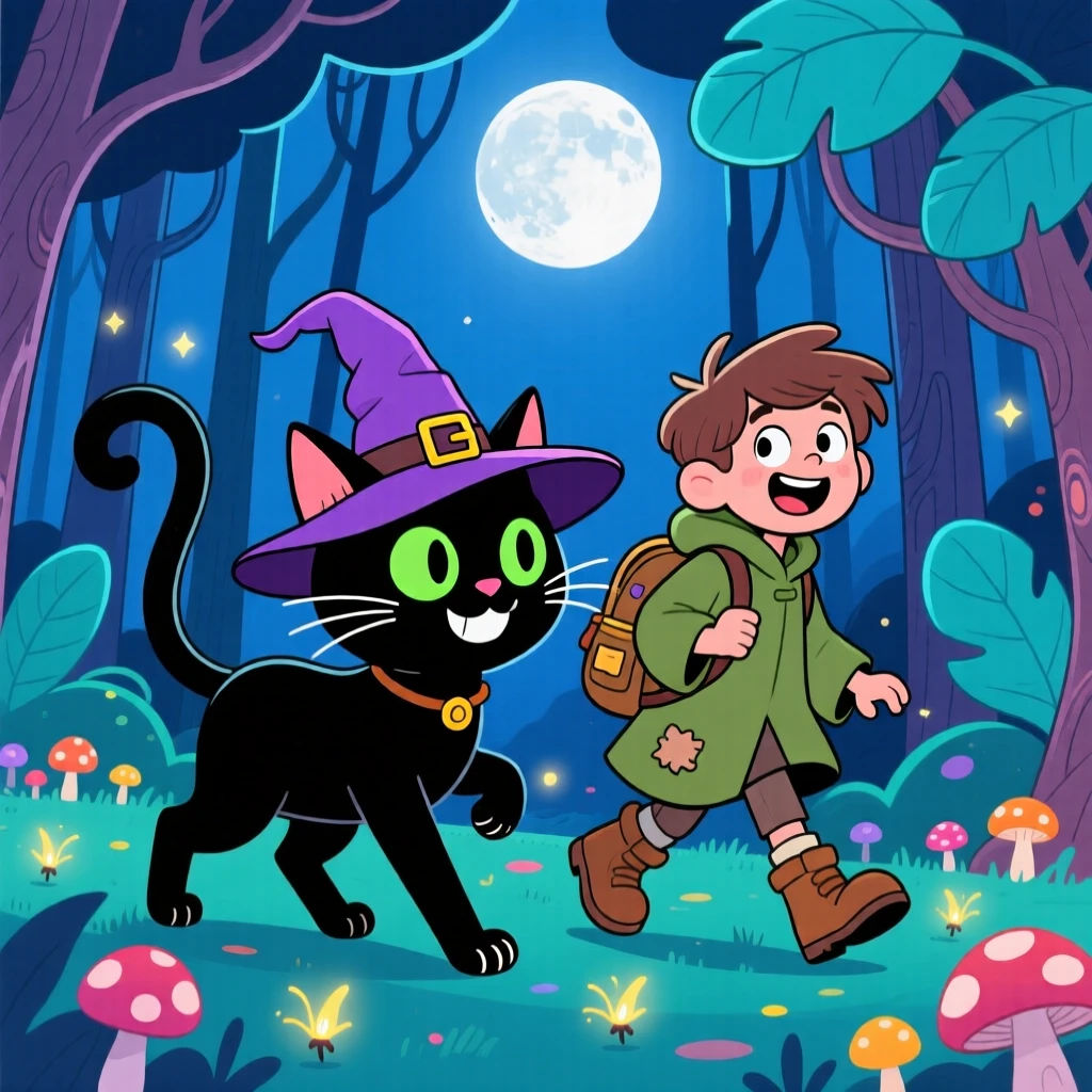 A witch's cat leading a lost traveler home through a moonlit wood.