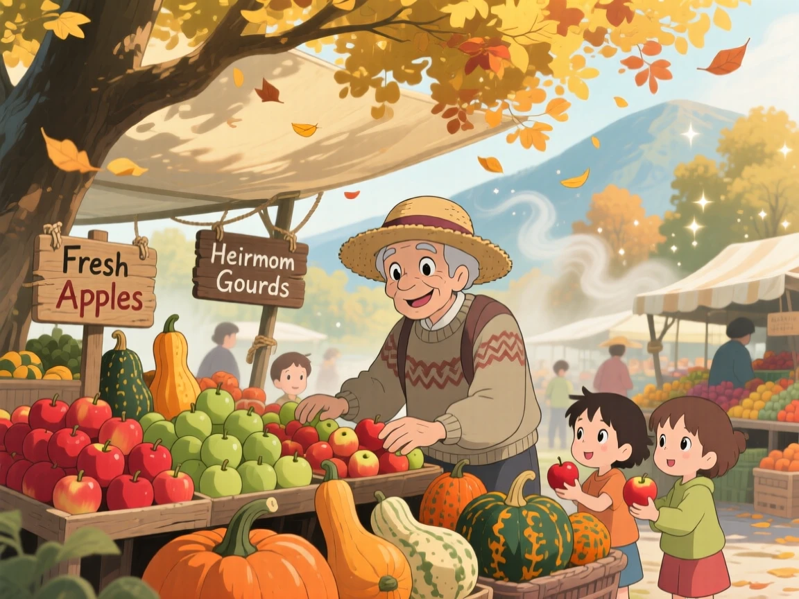 A autumn scene of a farmer's market stacked with apples and gourds, with soft light filtering through the atmosphere.