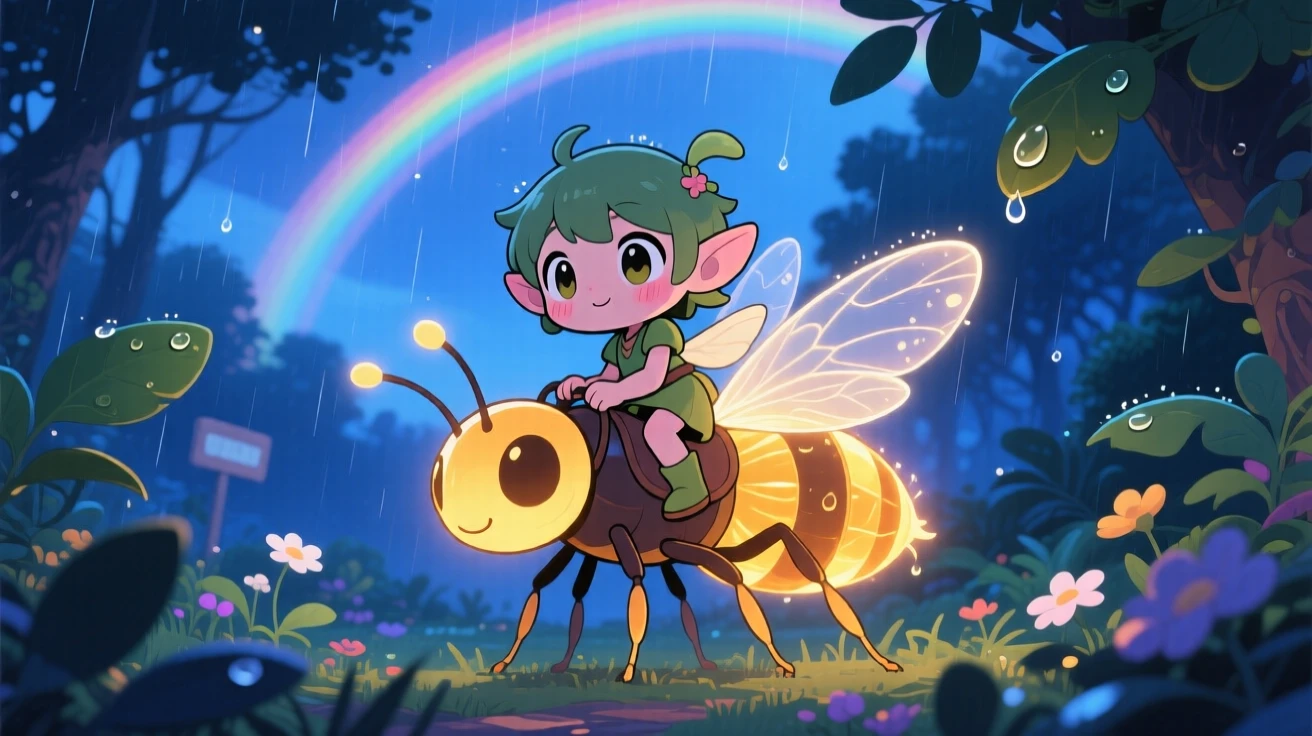 A forest sprite riding on the back of a firefly, framed as a medium shot within a glowing twilight glade, under a rainbow after the rain, glowing under cool blue twilight glow, evoking shy bashfulness.