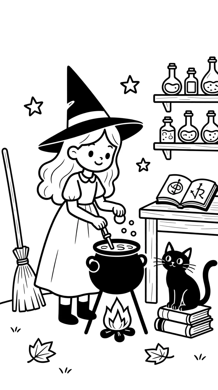 A young witch stirring a potion with her black cat watching nearby