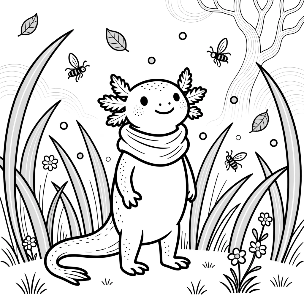 An axolotl standing in tall golden grass at dawn, surrounded by fireflies and drifting leaves.