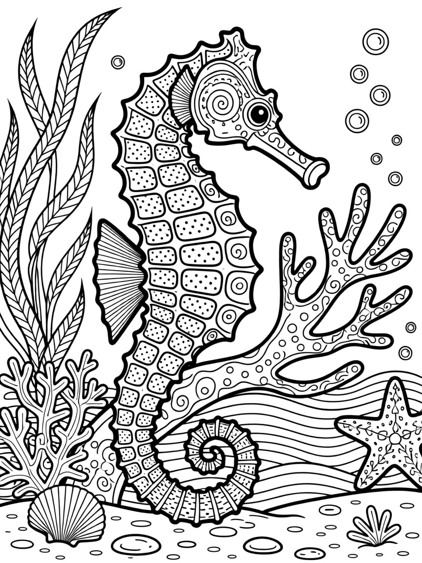A seahorse anchored to coral by its curled tail.