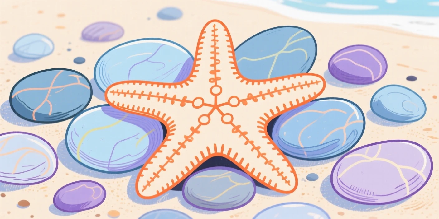 A starfish resting among smooth beach pebbles.