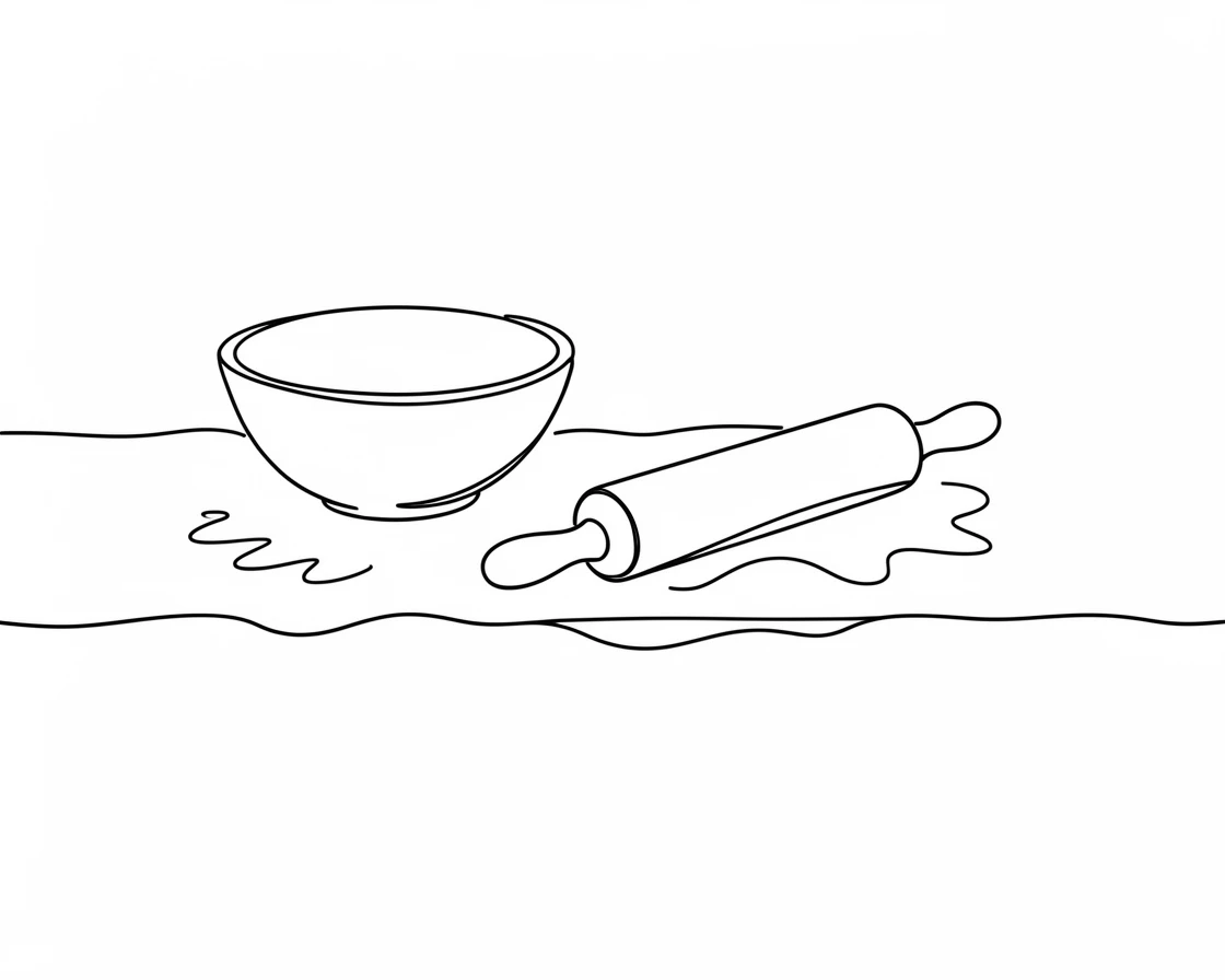 A kitchen counter dusted with flour beside a rolling pin and mixing bowl
