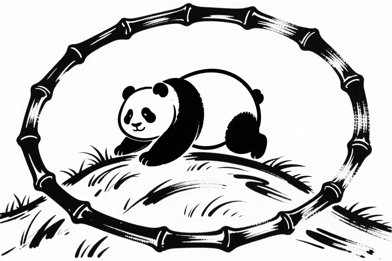 A round panda character rolling down a grassy hill inside a bamboo hoop.