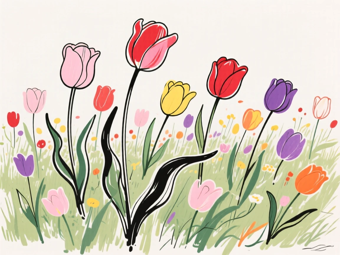 A meadow of wild tulips in every color swaying in the breeze.
