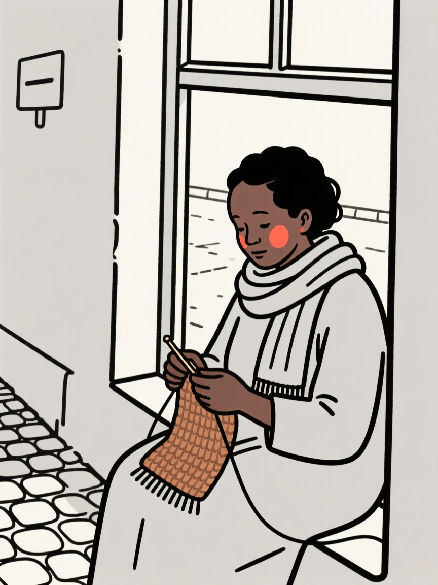 A mother of Kenyan heritage knitting a scarf by a window, on a quiet cobblestone street.