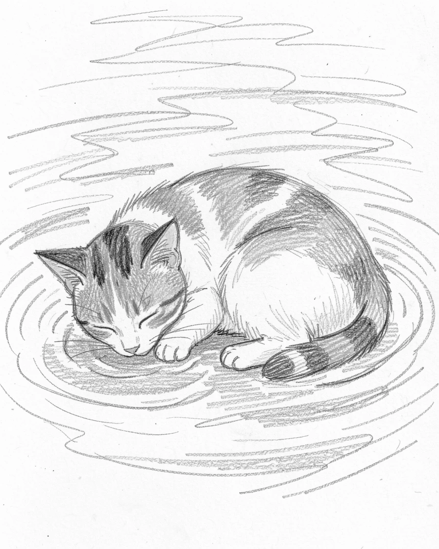 A sleeping calico cat splashing through a shallow stream, with tiny paws tucked beneath its body.
