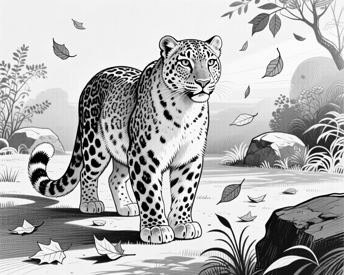A snow leopard in a garden at first light, surrounded by falling leaves, capturing a serene and majestic moment in nature with a strong, centered focal point.
