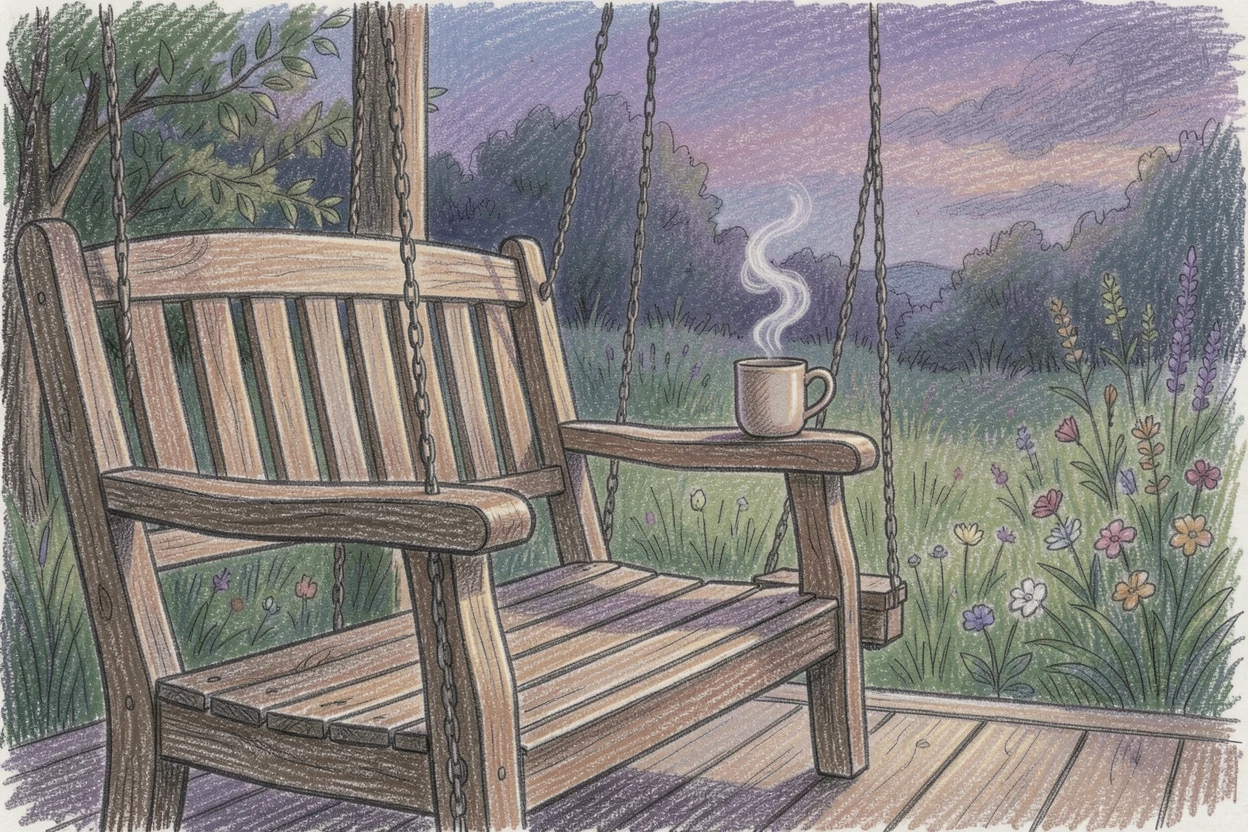 A rustic porch swing overlooking a garden at dusk, with steam rising softly from a nearby mug, capturing the simple joys of home and hearth.