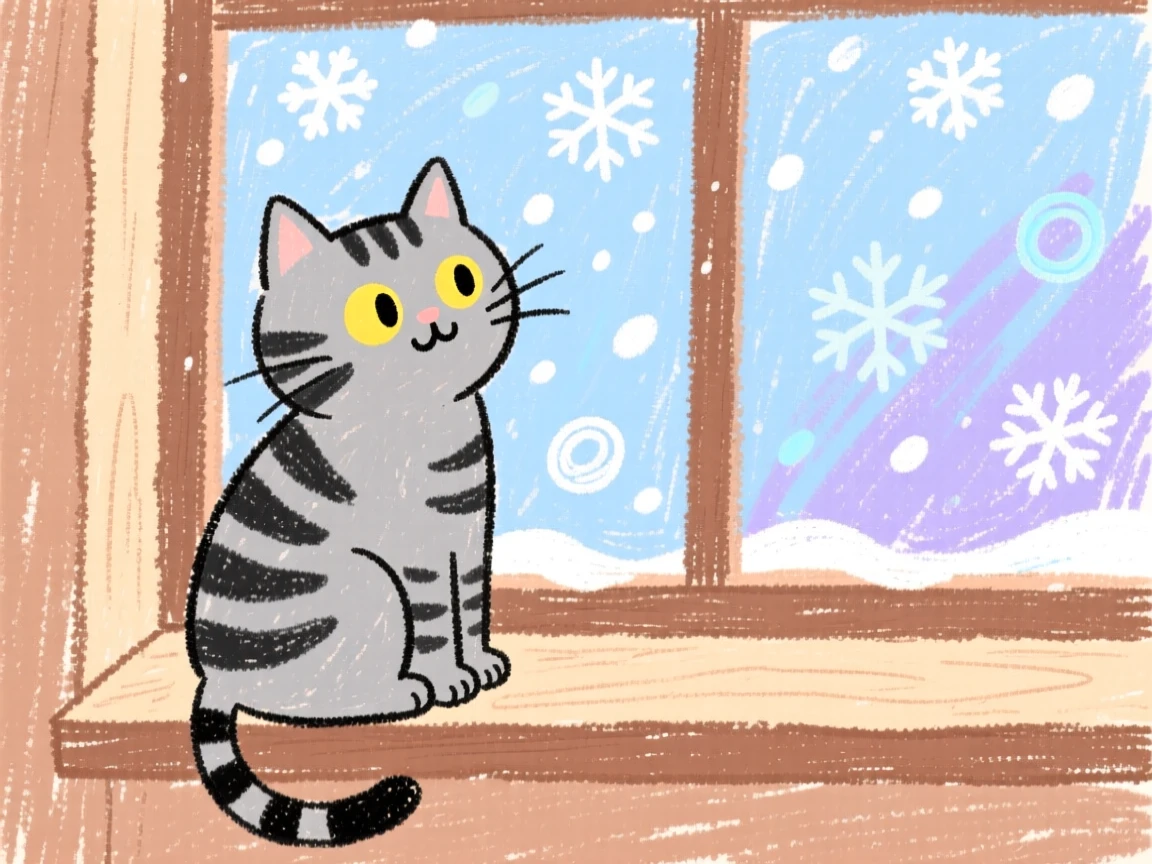A grey tabby cat perched on a windowsill watching falling snow.
