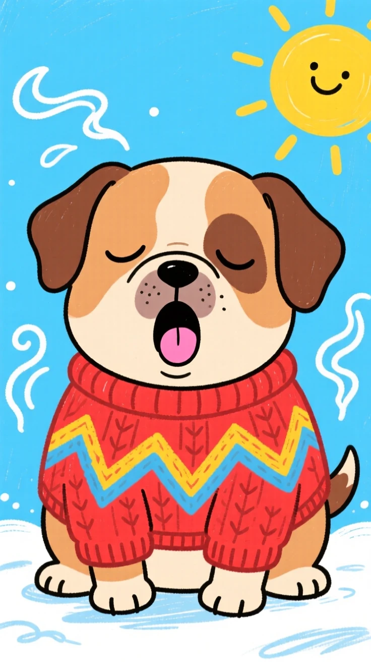 A sleepy bulldog puppy wearing a tiny knitted sweater on a cold morning.