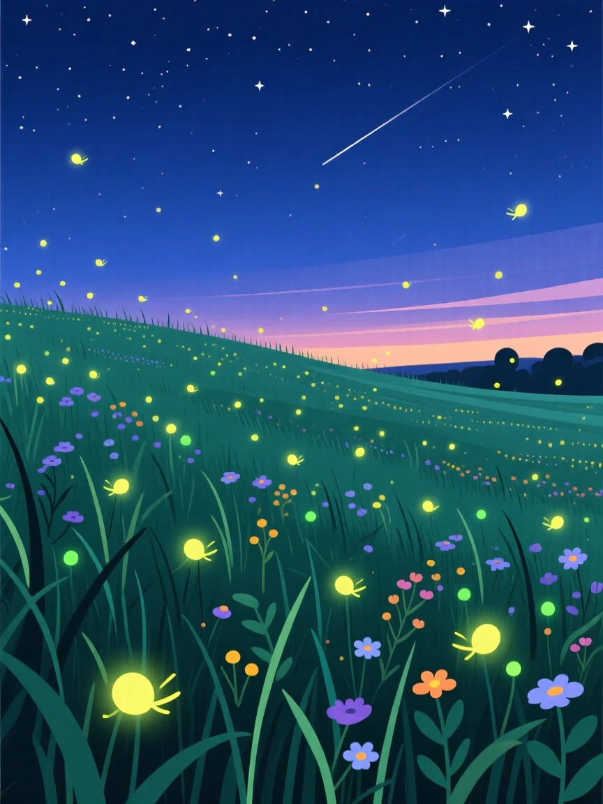A meadow filled with fireflies glowing at dusk, under a deep indigo twilight sky, framed with a wide sweeping panoramic view, with a fresh, crisp clarity that highlights every detail.