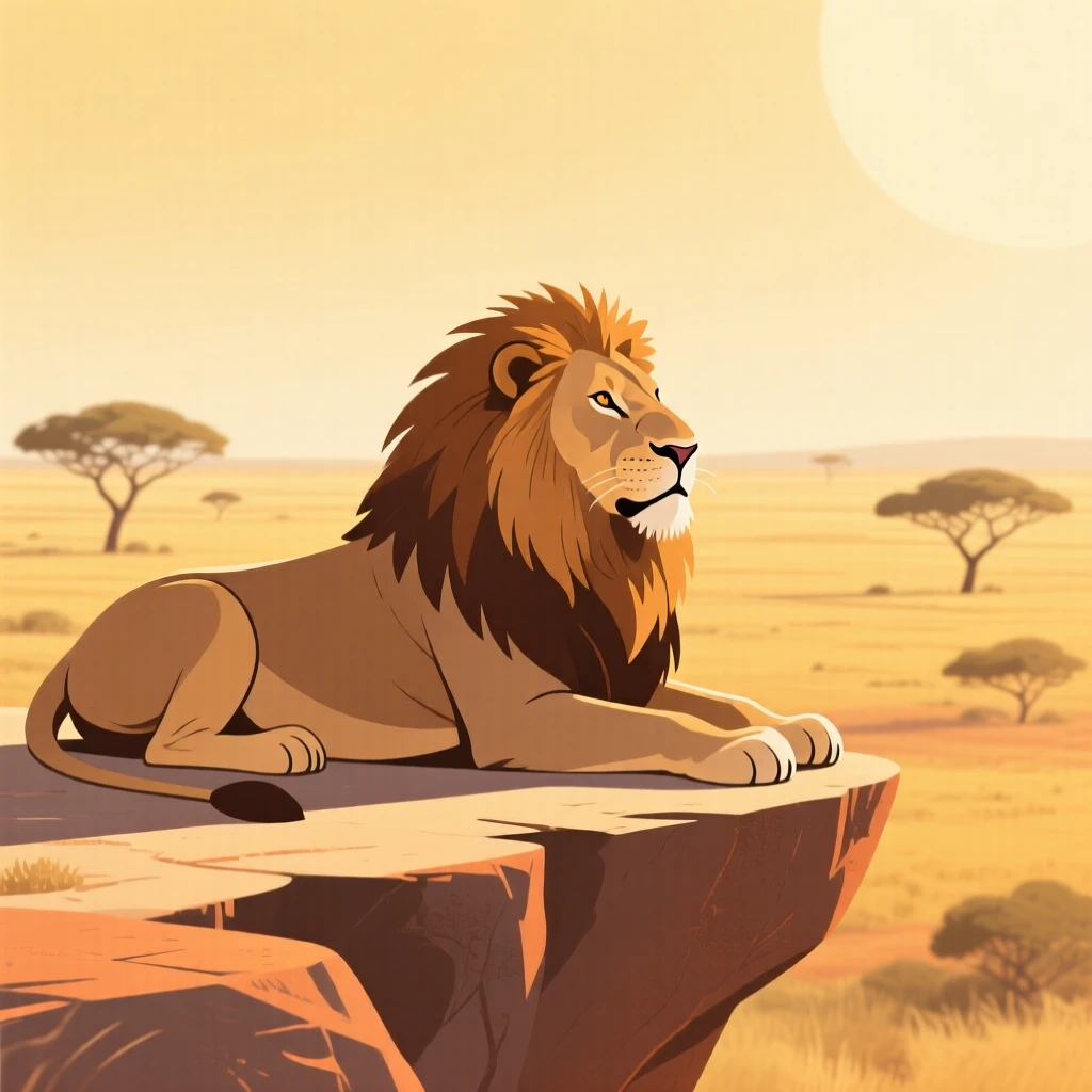 A majestic lion resting on a sunlit ledge overlooking the savanna.