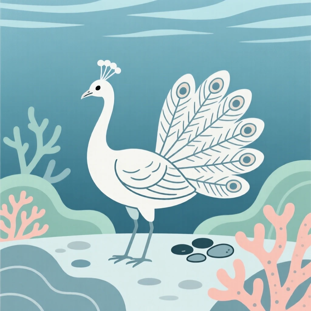 A curious peacock pausing in a coral reef, with a cluster of pebbles in the background, radiating quiet tenderness.