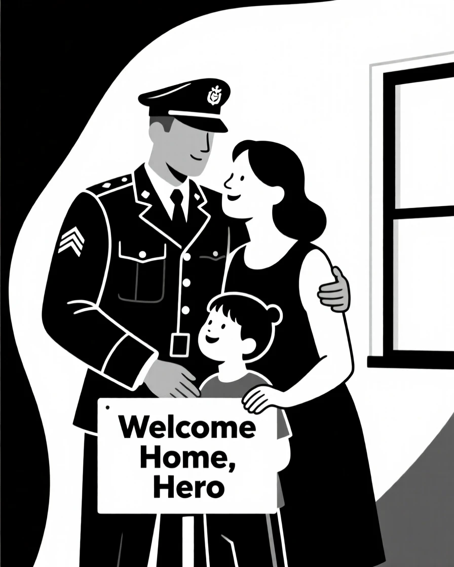 A soldier reuniting with family after deployment.