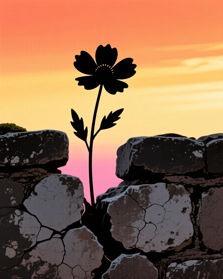 A single wildflower growing from a crack in a weathered stone wall.