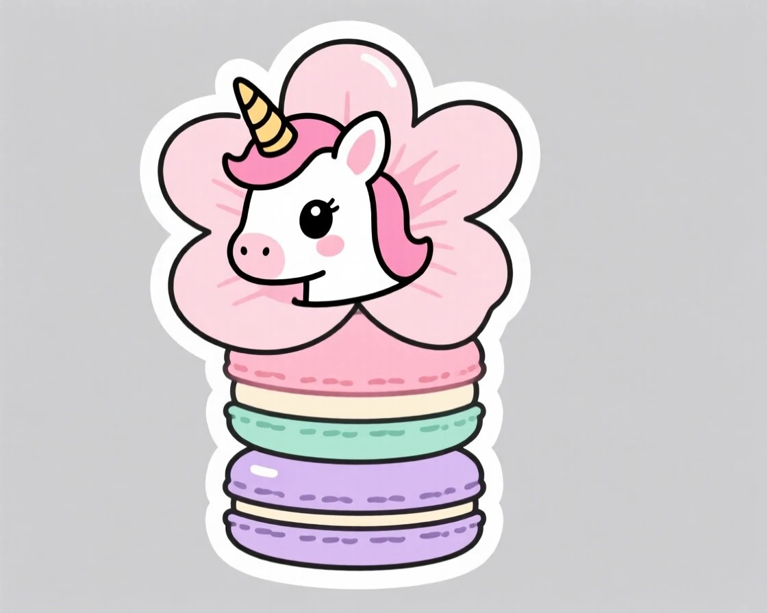 A bright-eyed baby unicorn foal peeking out from behind a giant flower, on top of a stack of pastel macarons.
