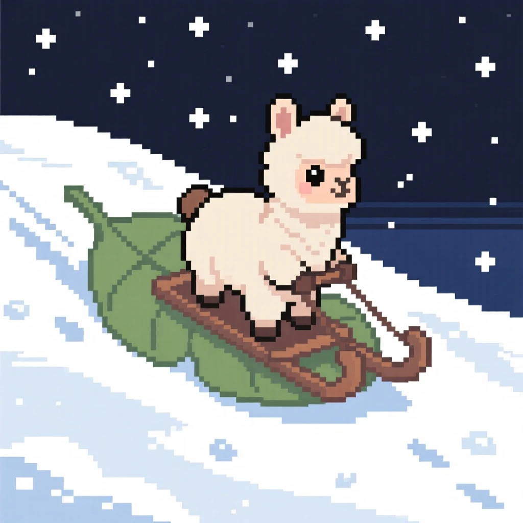 A baby alpaca sledding down a snowy hill on a leaf, on a snowy hillside under the stars.