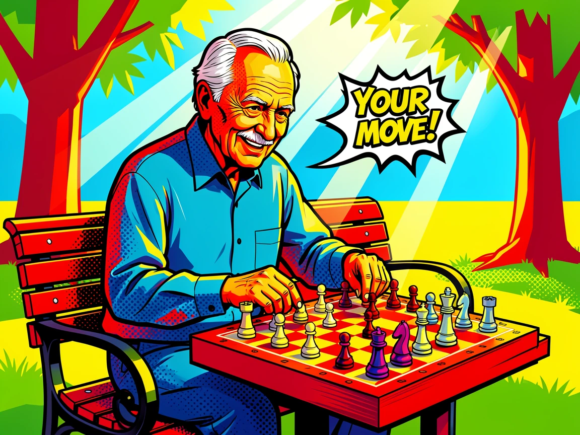 An elderly man playing chess in a sunlit park