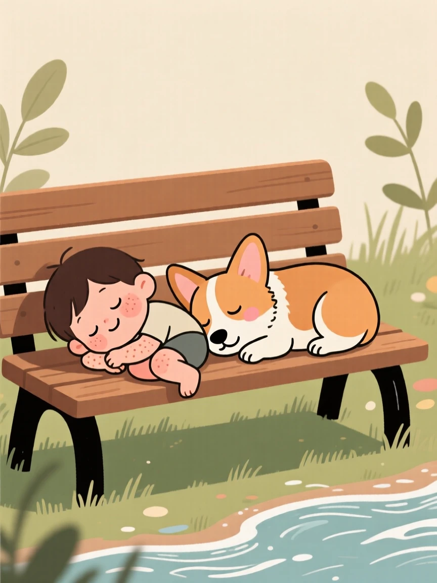 A corgi curls up beside a sleeping toddler on a garden bench, both worn out after an afternoon of splashing through shallow waves.