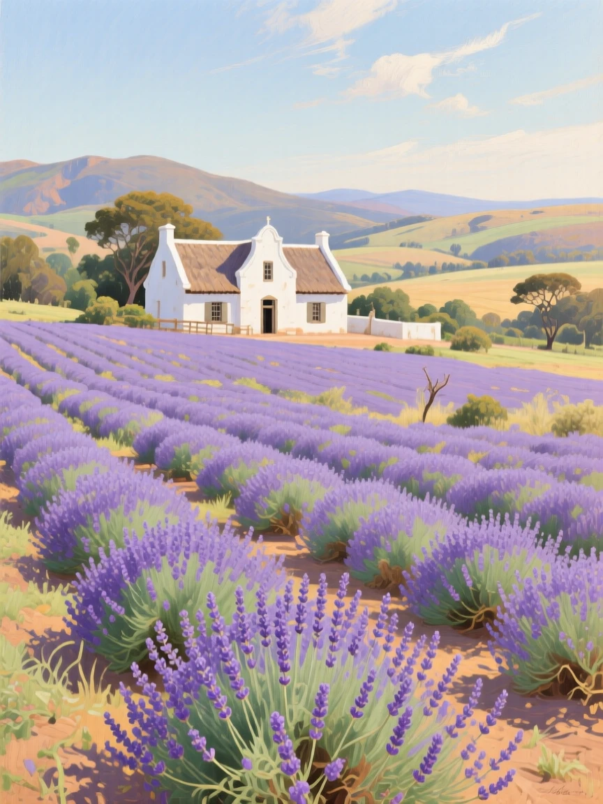 A broad landscape view of a lavender field in full bloom under a warm summer sun, in a Cape Dutch farmstead in South Africa, in early spring, in a soft summer breeze.