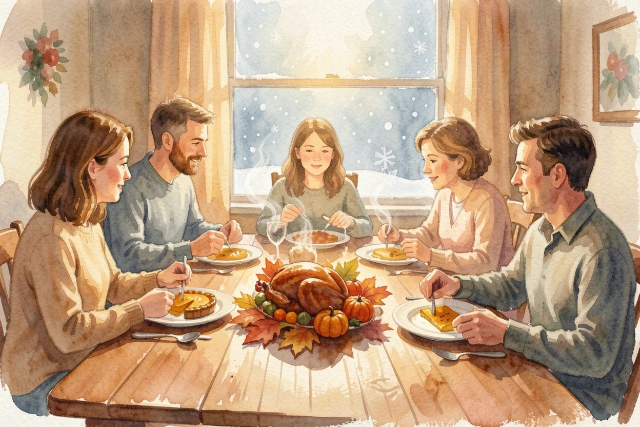 A table set for Thanksgiving dinner with family gathered around with soft snow gently falling.