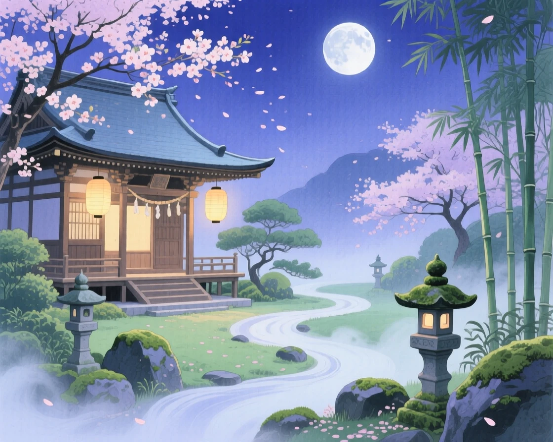 A dreamlike scene of a moonlit temple garden, with soft mist curling through the air, inviting quiet wonder and imagination
