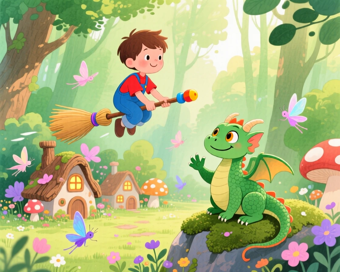 A boy riding a toy broomstick discovering a hidden fairy village for the first time, greeted by a friendly green dragon.