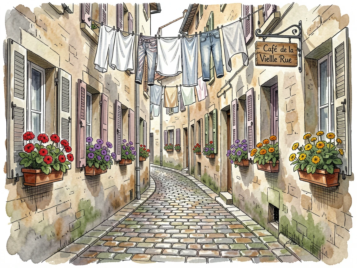 A narrow cobblestone alley in an old European town, flower boxes lining every window and laundry strung overhead