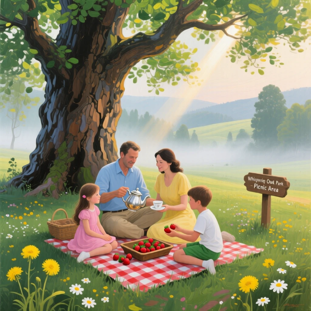 a family picnic beneath giant trees, in early morning mist, with a balanced, spacious view of the surroundings.