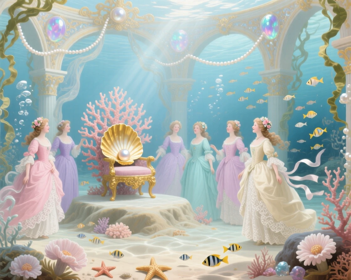 A sea palace beneath clear water, with princesses gathering around a coral throne  