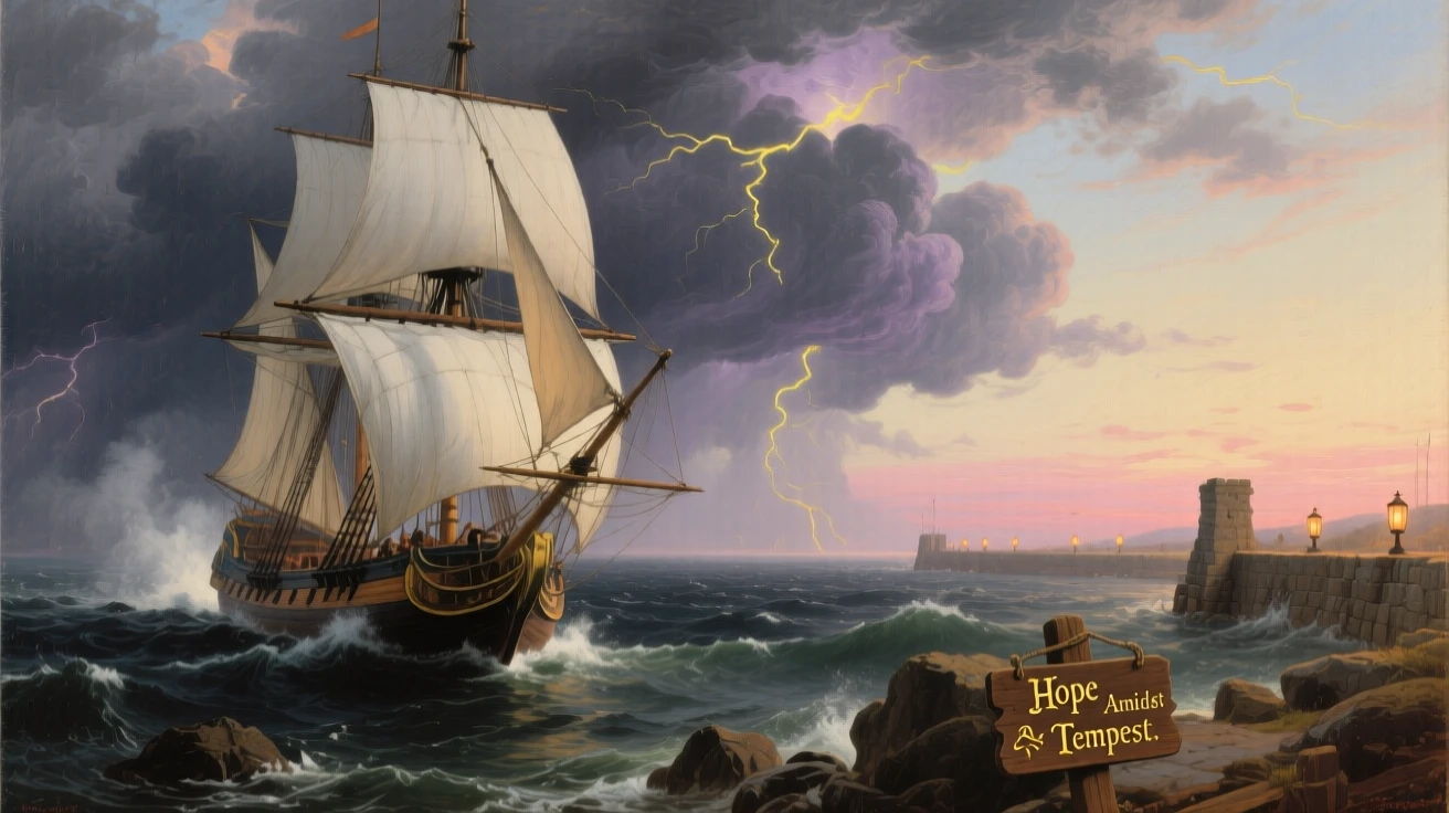 A ship races against a gathering storm toward a distant harbor.