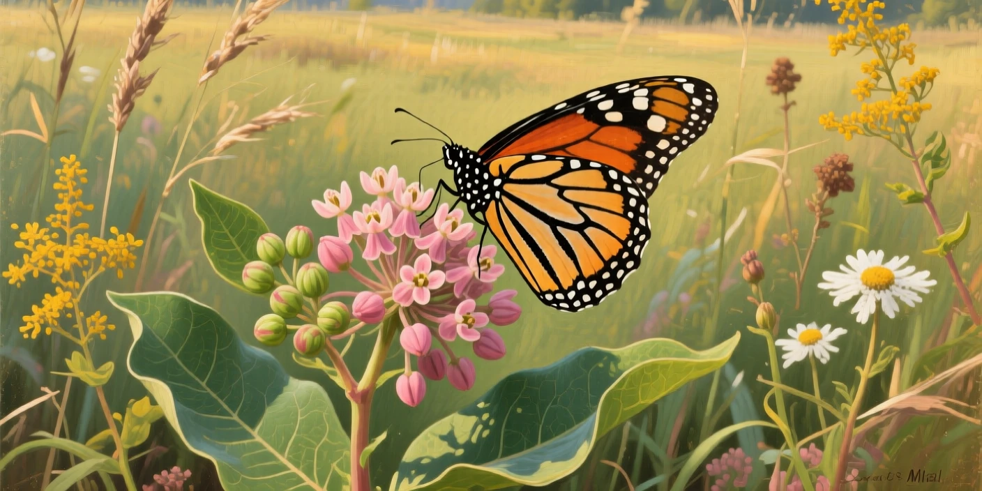 A monarch butterfly resting delicately on a blooming milkweed flower, surrounded by the untouched beauty of its natural habitat, offering a striking, emotionally resonant wildlife portrait