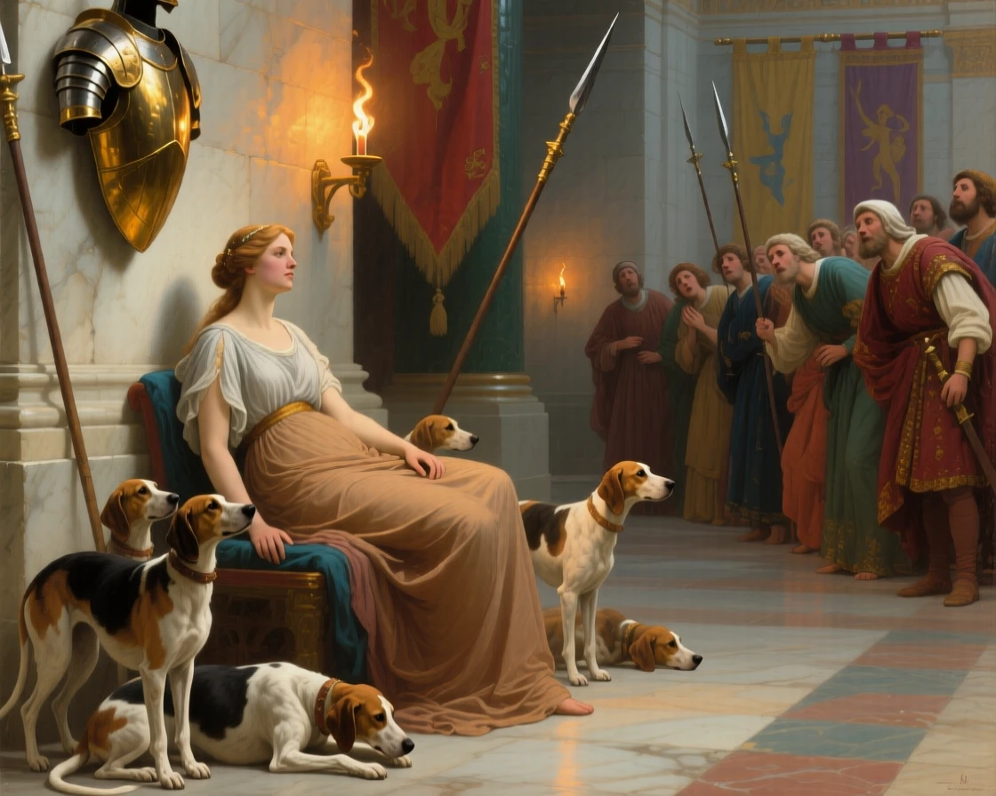 The goddess Diana resting with her hounds after the hunt while onlookers lean forward in astonishment, set within a torch-lit palace hall of gleaming stone, with gilded armor catching the light and rich fabrics billowing in the wind; diagonal lines of spears and banners lead the eye to the central figure, capturing the timeless clash of glory and mortality.